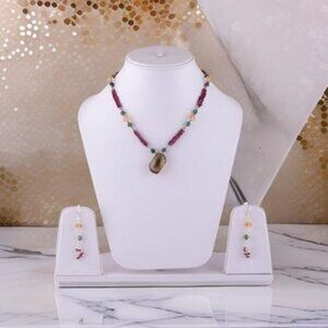 Garnet, Citrine, Green Corundum, Lemon Jewelry Set, Necklace & Earrings